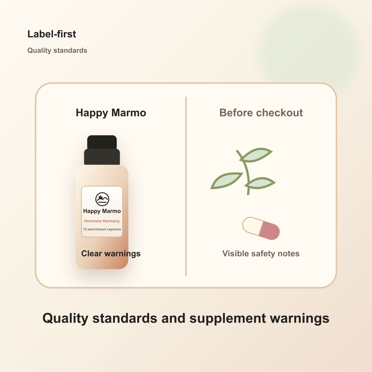 Happy Marmo quality and supplement warning card